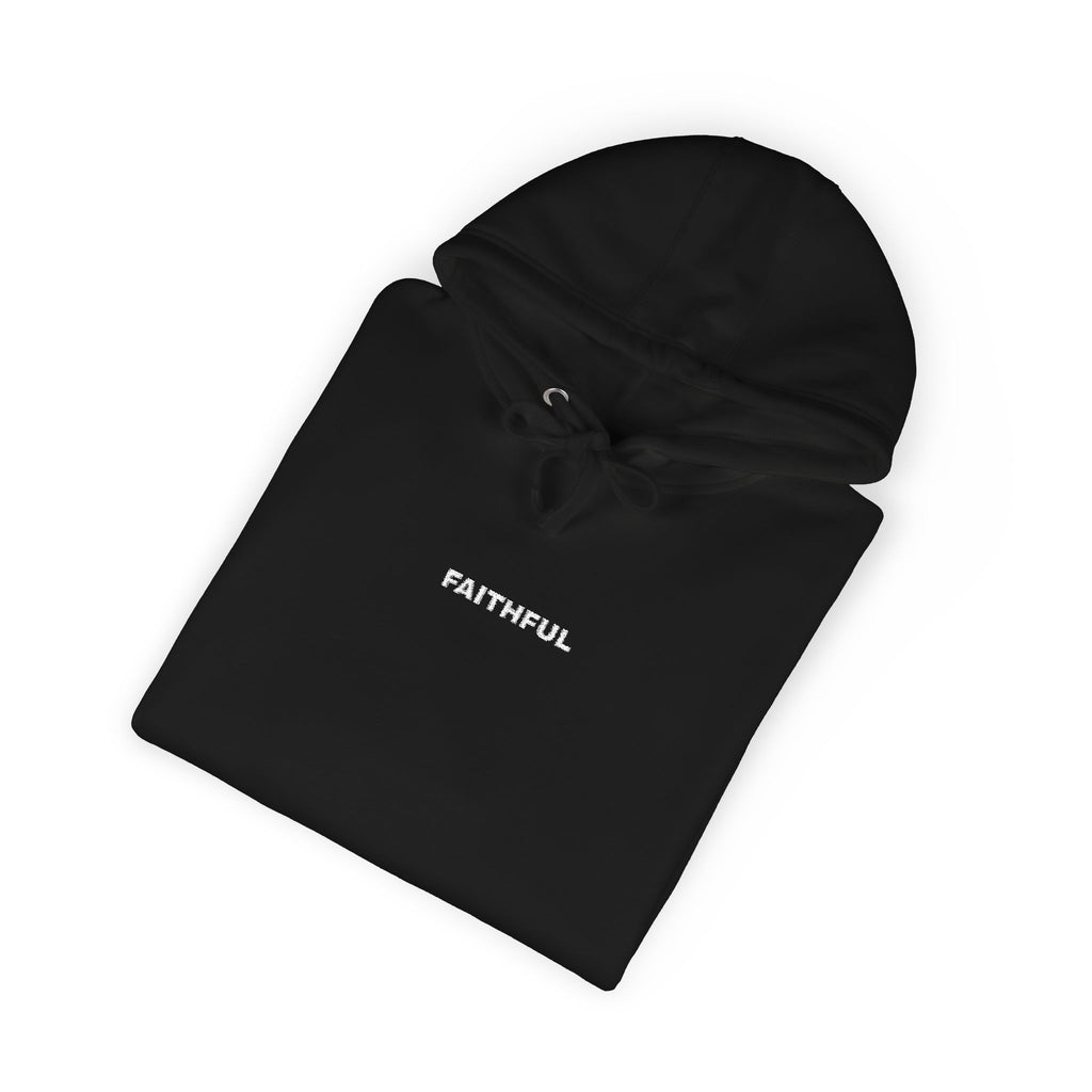Black hoodie with Faithful on the chest against a white background