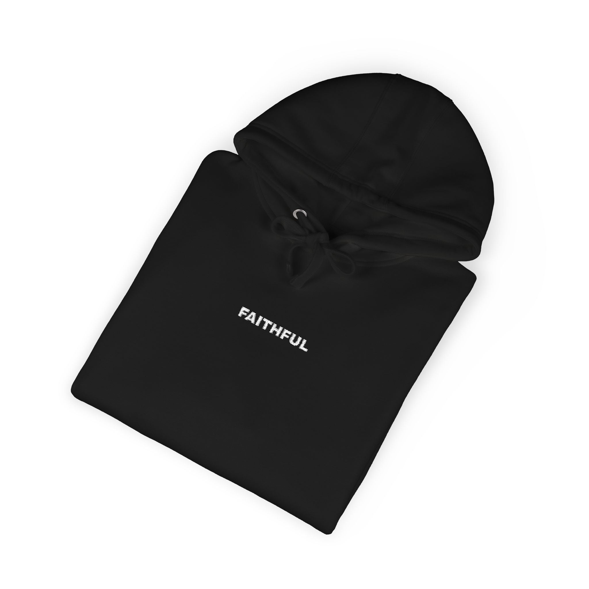 Black hoodie with Faithful on the chest against a white background