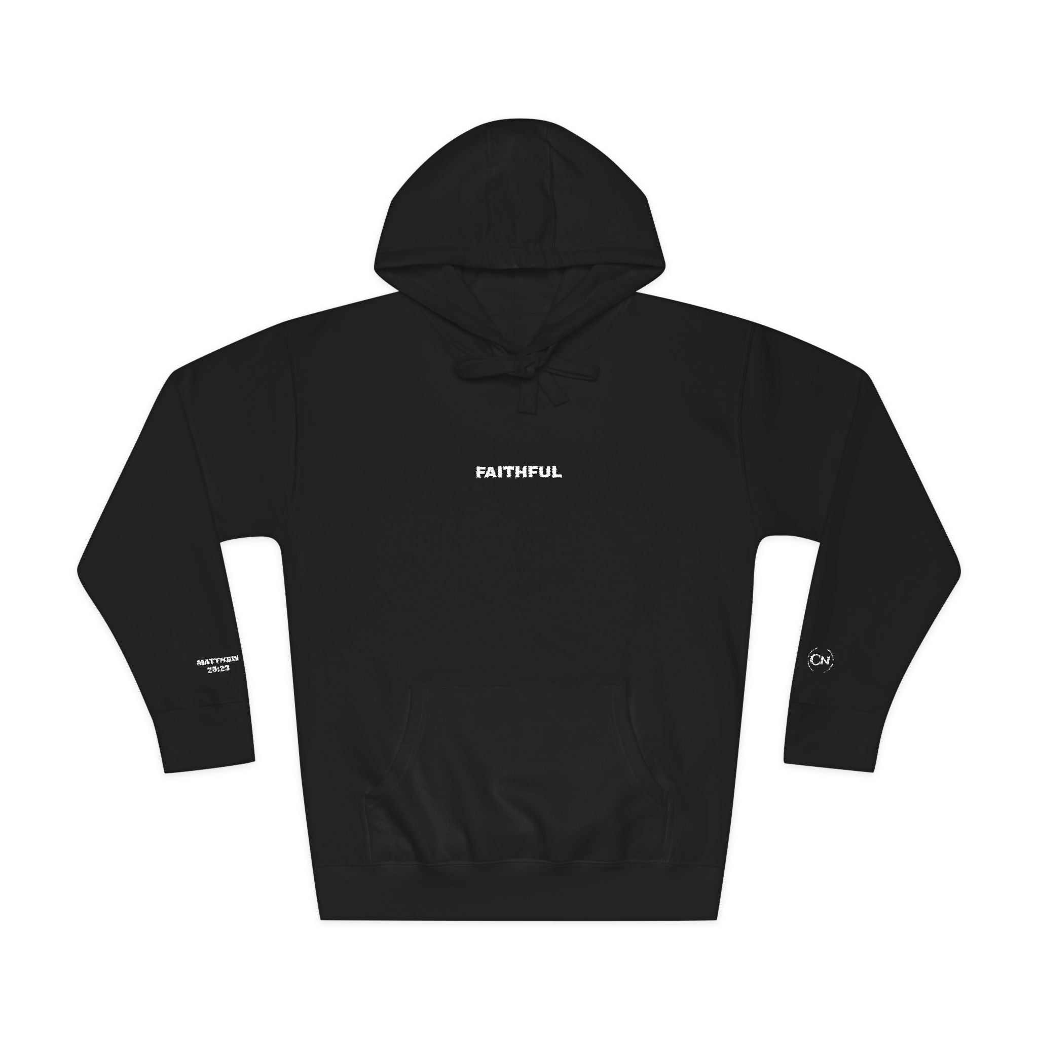 Black hoodie with 'FAITHFUL' text on a white background