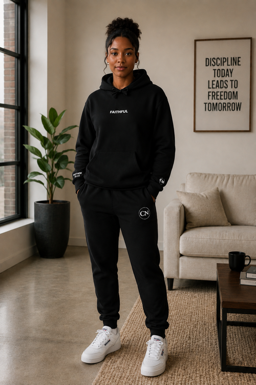 Woman wearing the Courageous Nation Faithful Everyday Jogger Set in black, standing in a bright living room with 'Discipline Today Leads to Freedom Tomorrow' wall art in the background