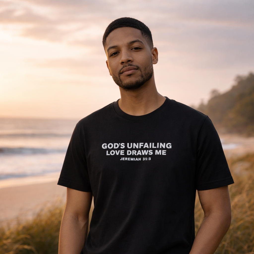 Man wearing a black t-shirt with God's Unfailing Love Draws Me Jeremiah 31:3 on a beach at sunset