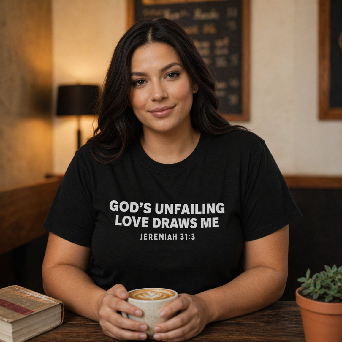 Woman wearing a black t-shirt with God's Unfailing Love Draws Me Jeremiah 31:3, holding a cup of coffee in a cozy setting.