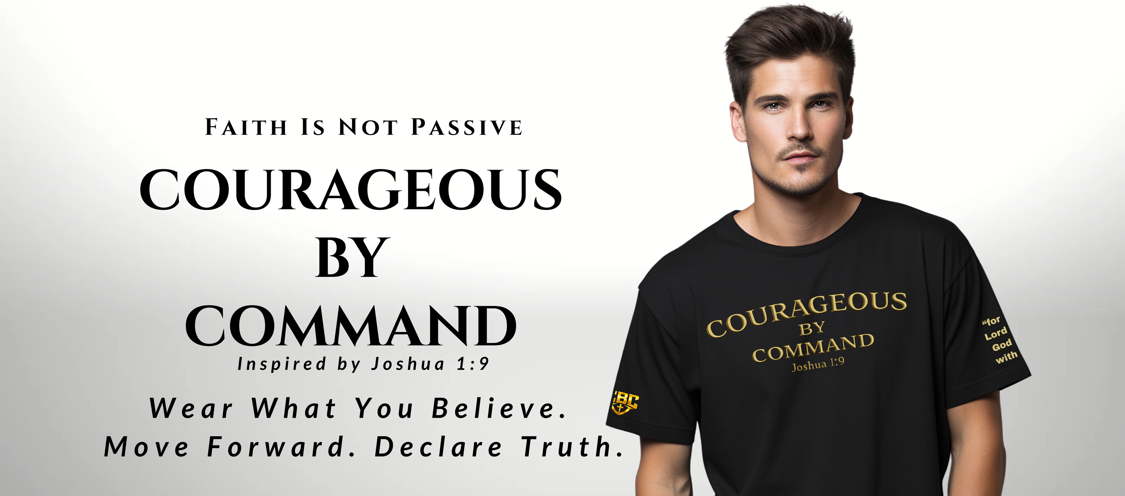 Man wearing a black t-shirt with 'Courageous by Command' text, standing against a white background.