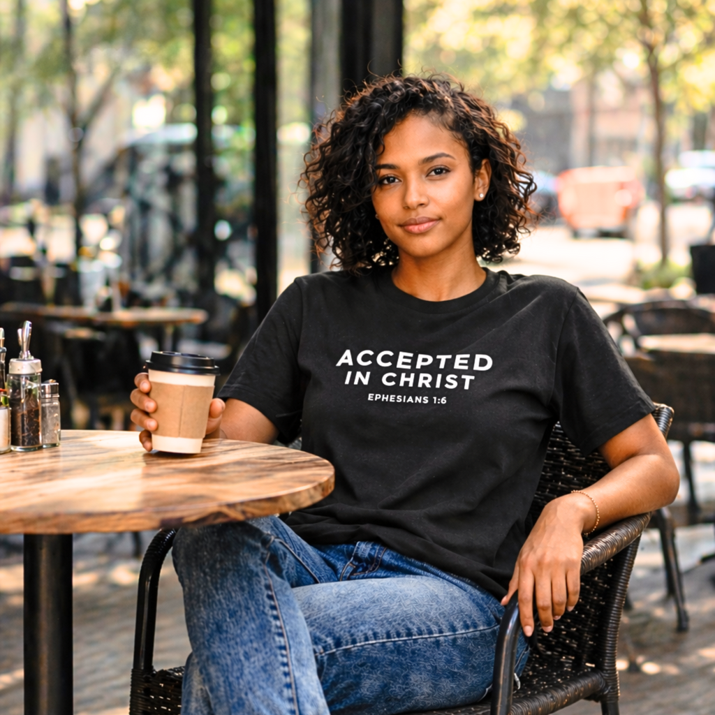 Woman sitting outdoors wearing a black t-shirt with 'Accepted in Christ' text.