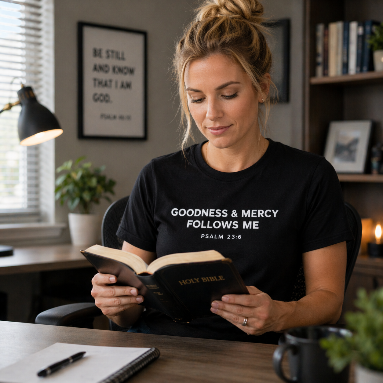 Woman reading the Holy Bible in a home office setting with Goodness and Mercy Follow Me Psalm 23:6 on shirt.